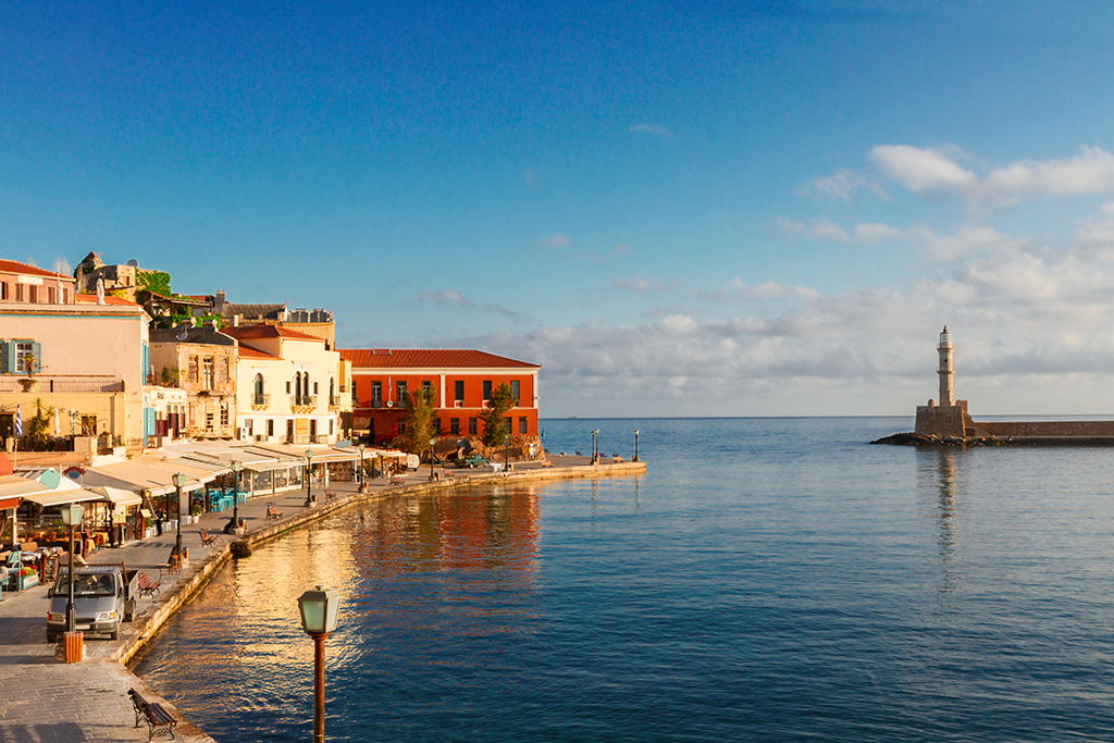 famouse venetian harbour waterfront and lighthouse of Chania old town, Crete, Greece